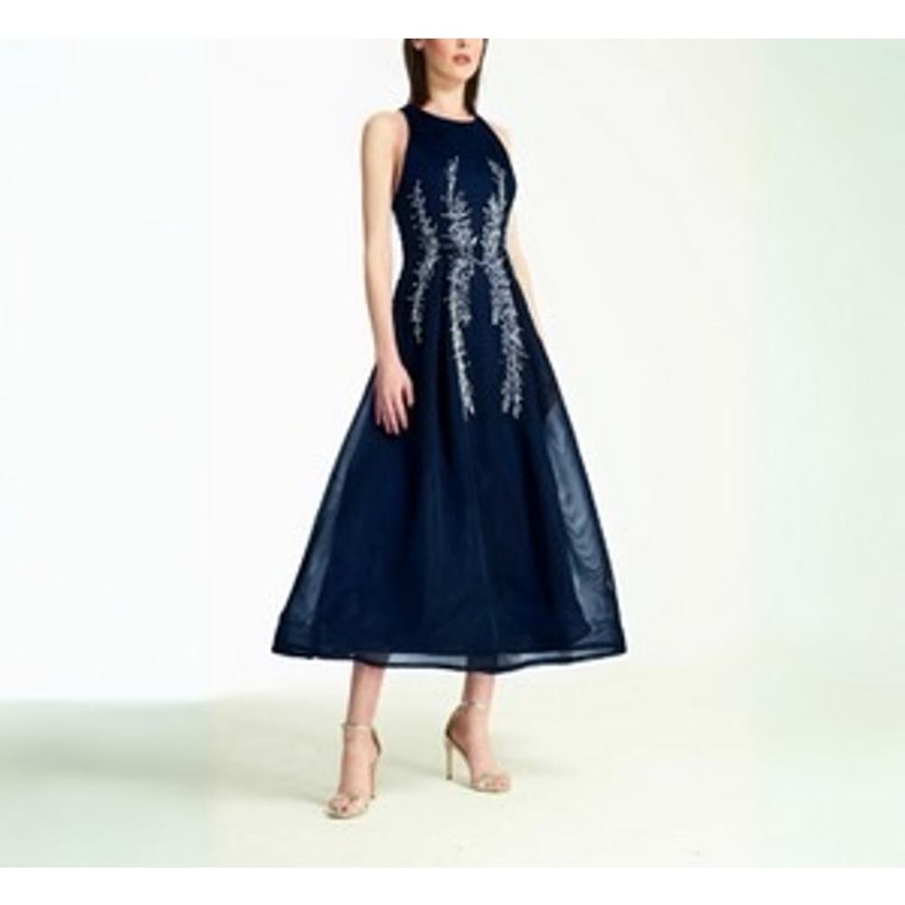 MSRP $950 NET Hynes Park - Scuba/Tulle A-line Dress Navy Size L | SAME DAY SHIP